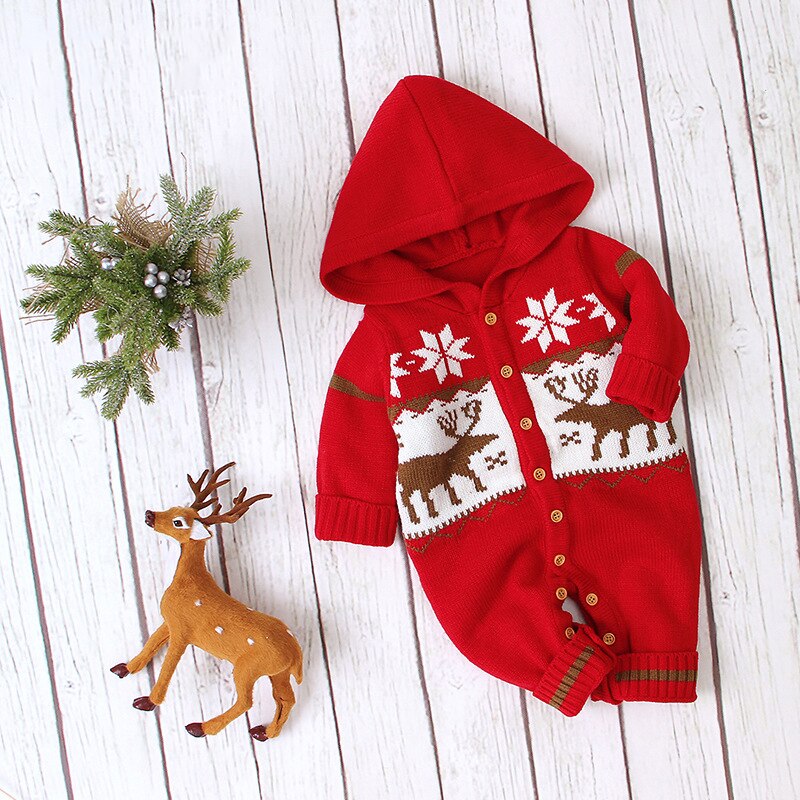 0-24M Christmas Newborn Kid Baby Boy Girl Clothes Winter Warm Knitted Sweater Long Sleeve Hooded Elk Romper Cute Xmas Outfit: Red / 3M