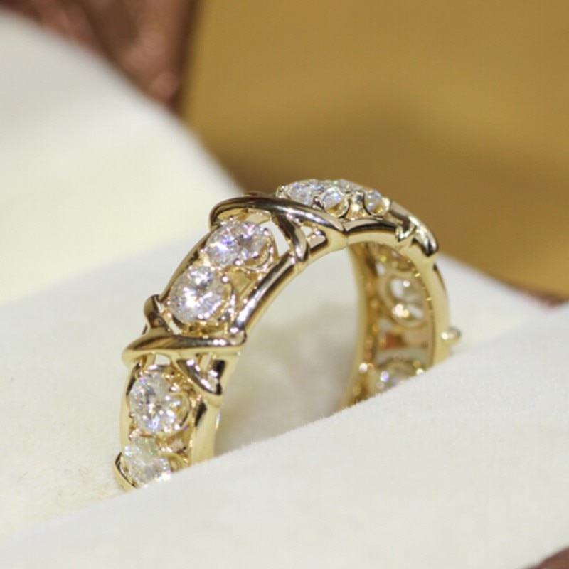 Female Across ring 24KT Yellow Gold Filled AAAAA Zircon cz Wedding Band Rings for women Men Statement Party Jewelry