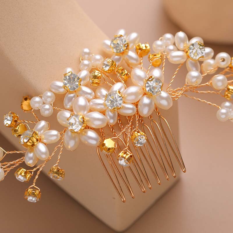 Forseven Luxe Elegante Imitatie Parel Haar Kam Bruid Hoofdtooi Bloem Vrouwelijke Sieraden Bruiloft Accessoires Hair Ornament