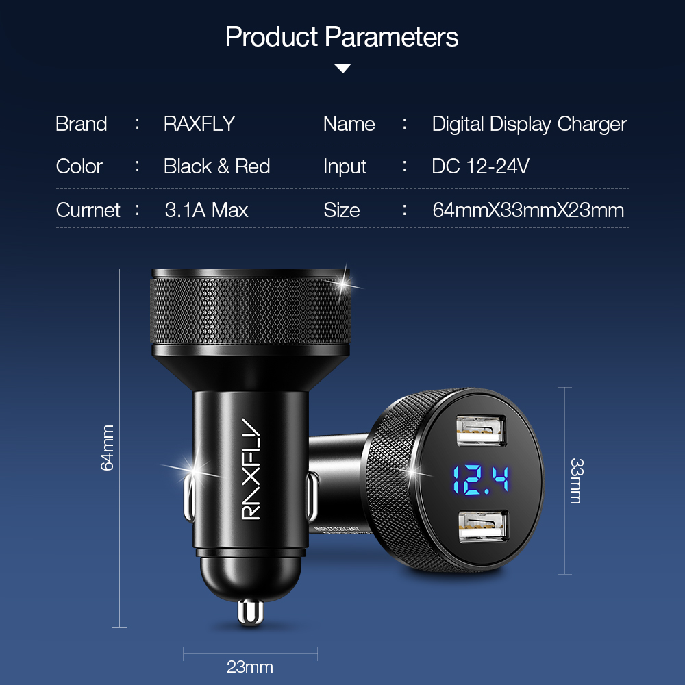 RAXFLY Car Charger Fast Charger $5 off $1 Digital Display 5V2.4A Dual USB Port For Xiaomi iPhone Samsung Phone Charger Charging