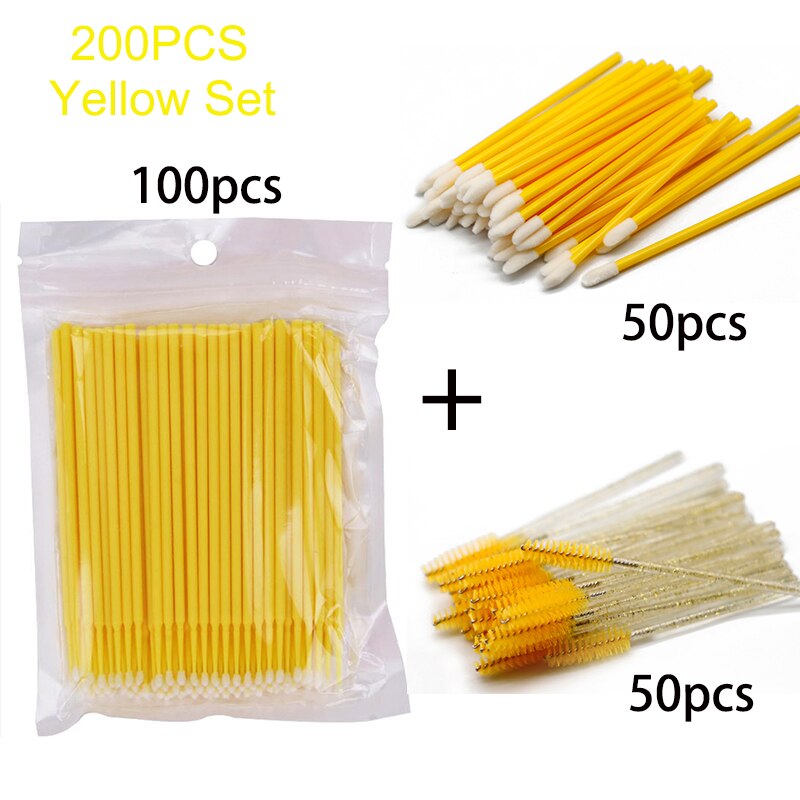 200Pcs Roze Mascara Wands Lipgloss Wand Borstel En Wimper Cleaning Micro Applicator Set 3 In 1 Eye Lash makeup Tools In Bundel: 200pcs Yellow set