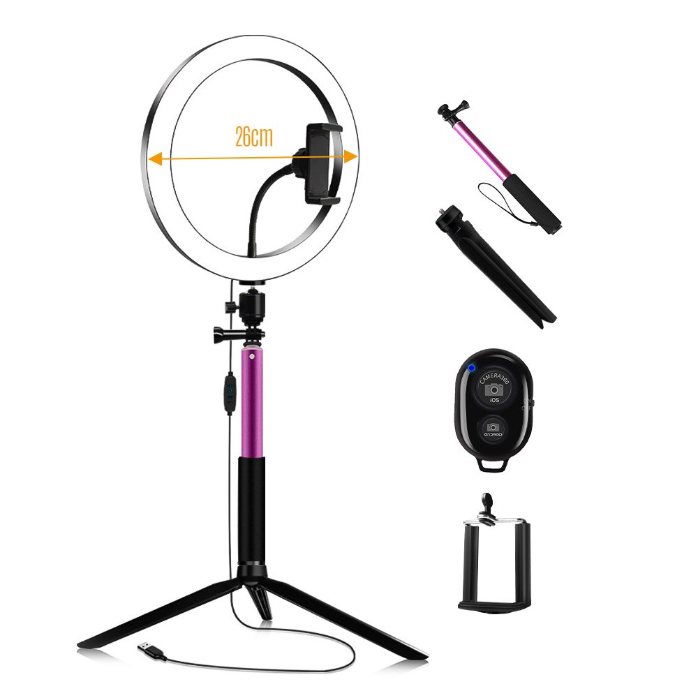 10 Inch Dimmable LED Studio Camera Ring Light Photo Phone Video Light with Ball Head Phone Holder Tabletop Tripod Selfie Stick