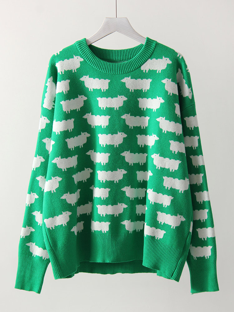 Høstlig søt posete genser med trykk til dame varm o-hals overdimensjonert gensere strikkede røde løse gensere dame grønn genser: Grønn