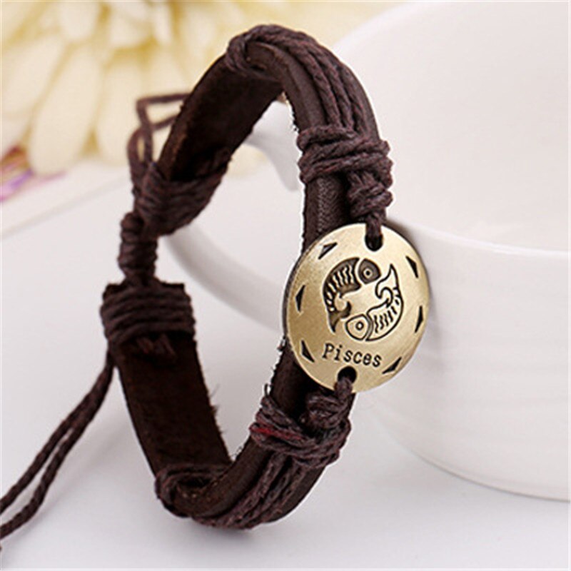 12 konstellationer armbånd smykker læder armbånd mænd afslappet personlighed stjernetegn punk armbånd: Fiskene