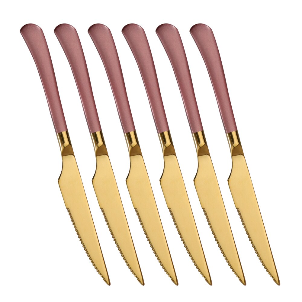 6pcs/set Stainless Steel Steak Knife With Long Handle Titanium Plating Gold Dinner Knives Luxurious Western Flatwares