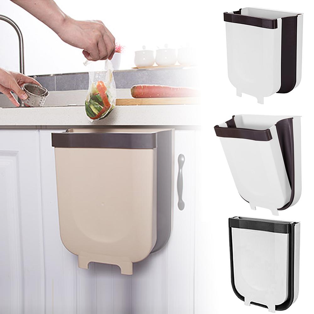 Wall Mounted Folding Waste Bin Kitchen Cabinet Door Hanging Trash Bin Garbage Car Trash Can Wall Mounted Foldable Cleaning