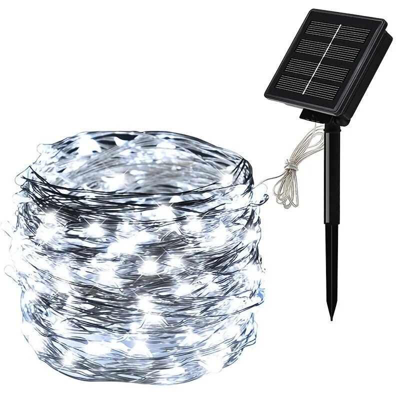 1 jeu de guirlandes lumineuses solaires pour l'extérieur, fil de cuivre étanche à 8 modes, lumière de conte de fées, lumière de noël, utilisée pour le jardin extérieur: Black