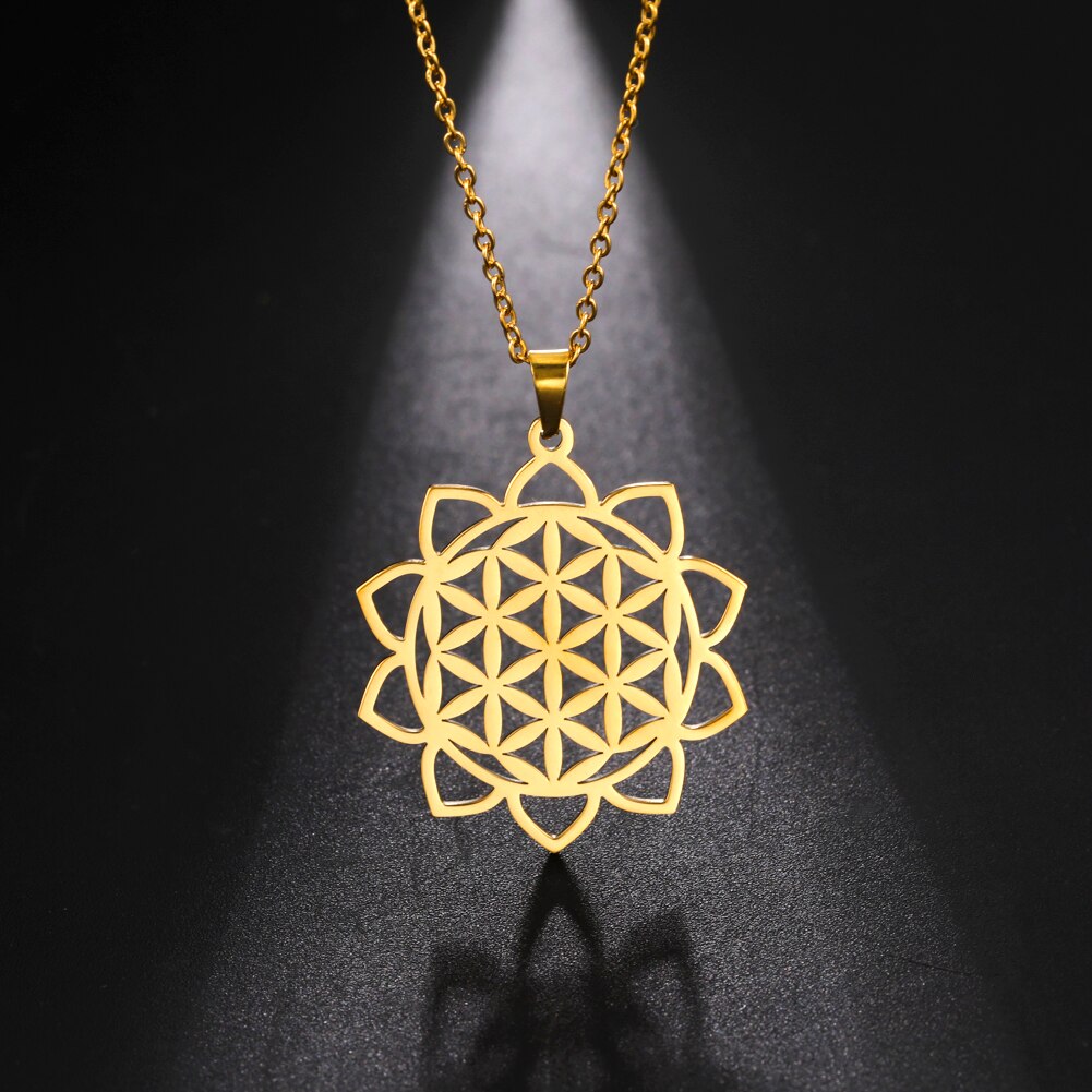 Skyrim – collier avec fleur de vie pour femmes, chaîne de cou en acier inoxydable, amulette, motif géométrique, Mandala, bijoux