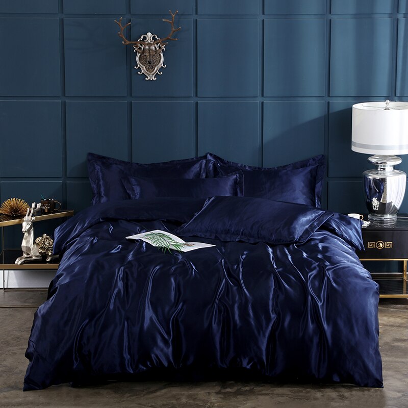 Siden satintryckta platta lakan set lakan överdrag med påslakan och örngott 4 st set lakan komplett set drap de lit: Djupblå / 180cm*230cm