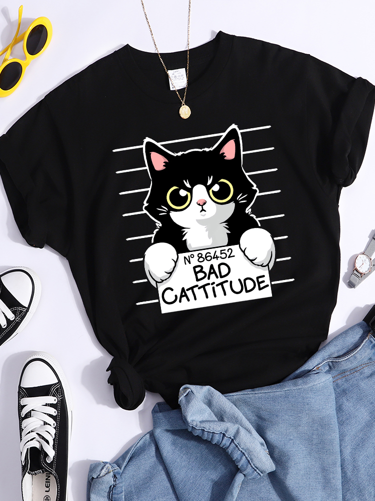 No86452 Slechte Cattitude Grappige Kat Womens T-shirt Casual Sport T Shirts Ademende Zomer Tee Shirt Street Creativiteit T-shirt Vrouwen