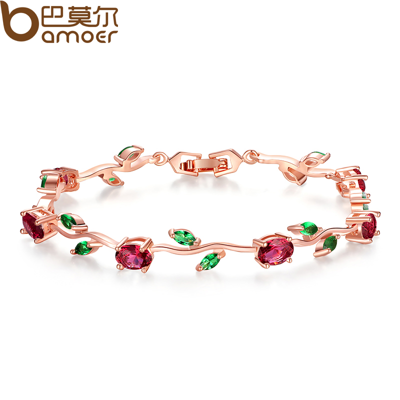 BAMOER Rose Gold Color Leaf Chain & Link Bracelet with Red + Green AAA Zircon for Mother Jewelry JIB072