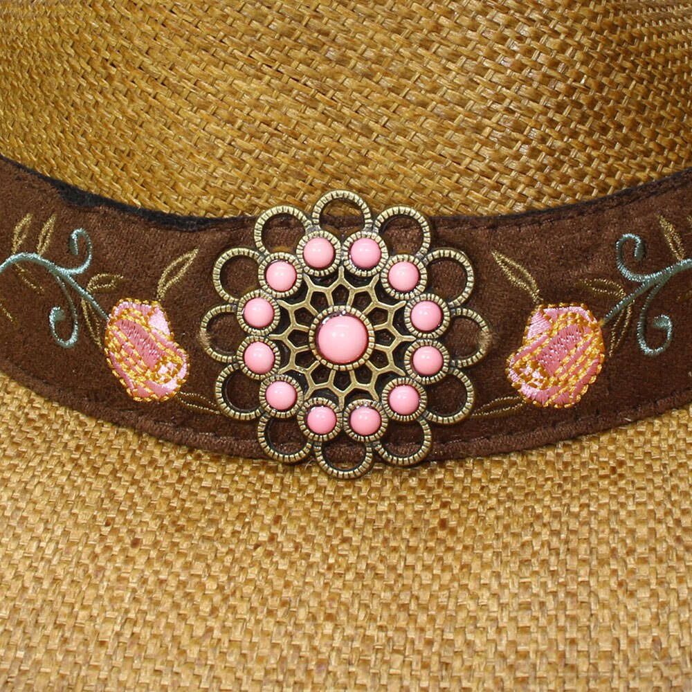 Retro kvinnor män unisex vintage hårt strå bred brätte strand cowboy cowgirl western hatt turkos blomband 58cm