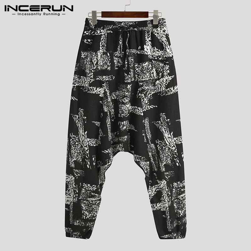 Incerun moda masculina impresso harem calças casual bolsos soltos joggers cintura elástica pantalon 2020 calças drop-virilha streetwear