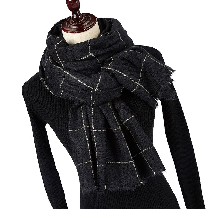 Otoño Invierno negro rojo verde amarillo búfalo tartán Plaid bufanda mujeres hombres lana gruesa lana poncho de bufandas capa: Black