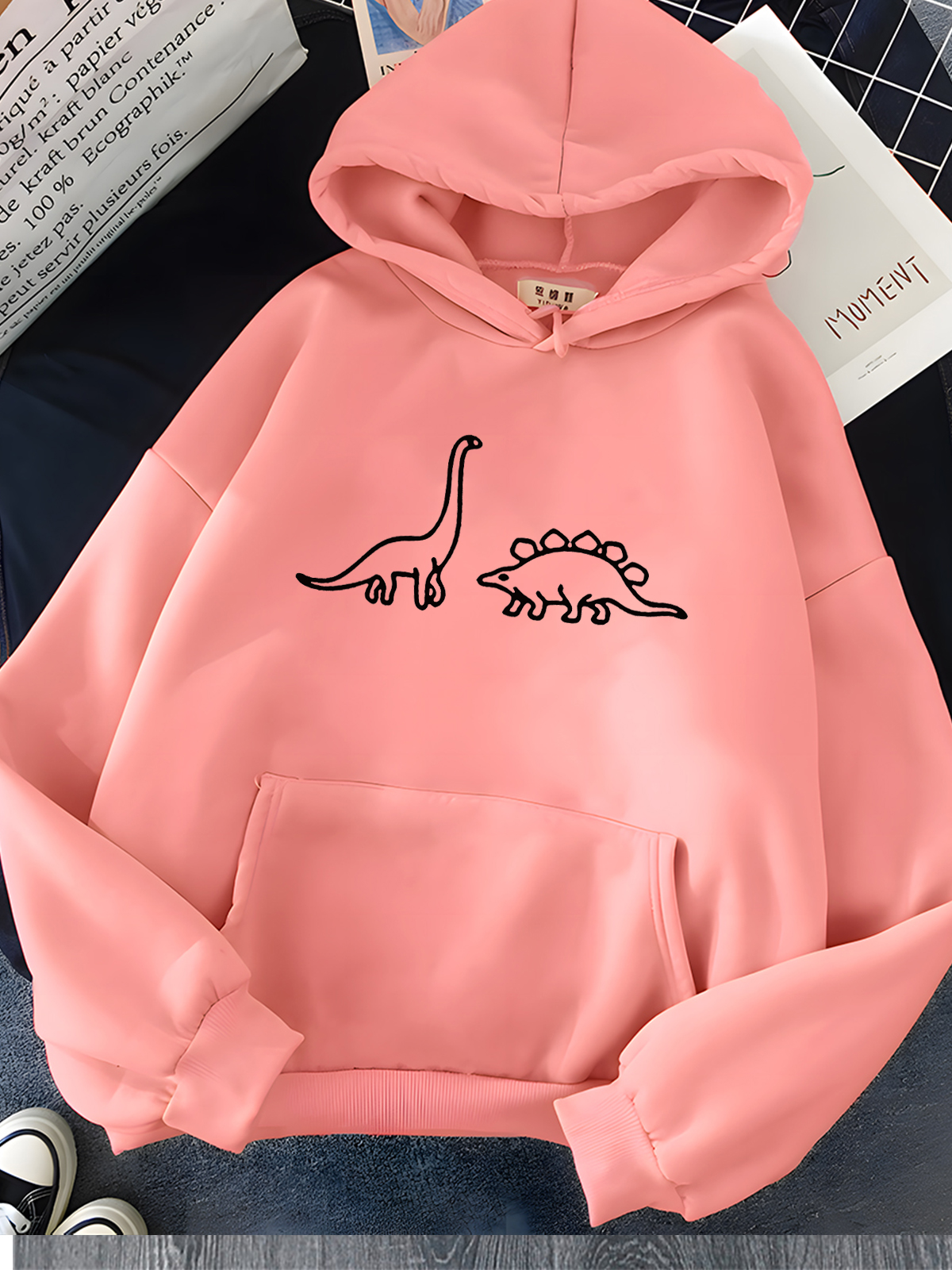 Hirsionsan-sudaderas con capucha con estampado de dinosaurios Kawaii para mujer, ropa deportiva informal holgada y suave, sudadera de lana para mujer 2023: L / Rosa