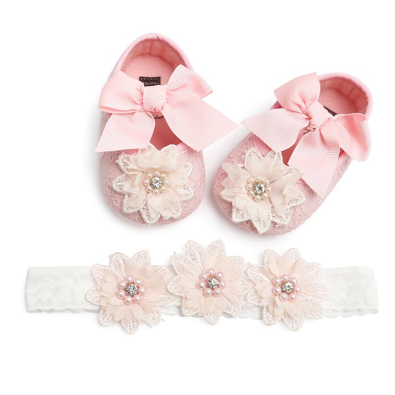 Lente Herfst Peuter Meisje Schoenen Katoen Stof Comfortabele Kant Bloem Lint Parel Strik Prinses Schoenen + Bloemen Hoofdband: Roze / 13-18 months