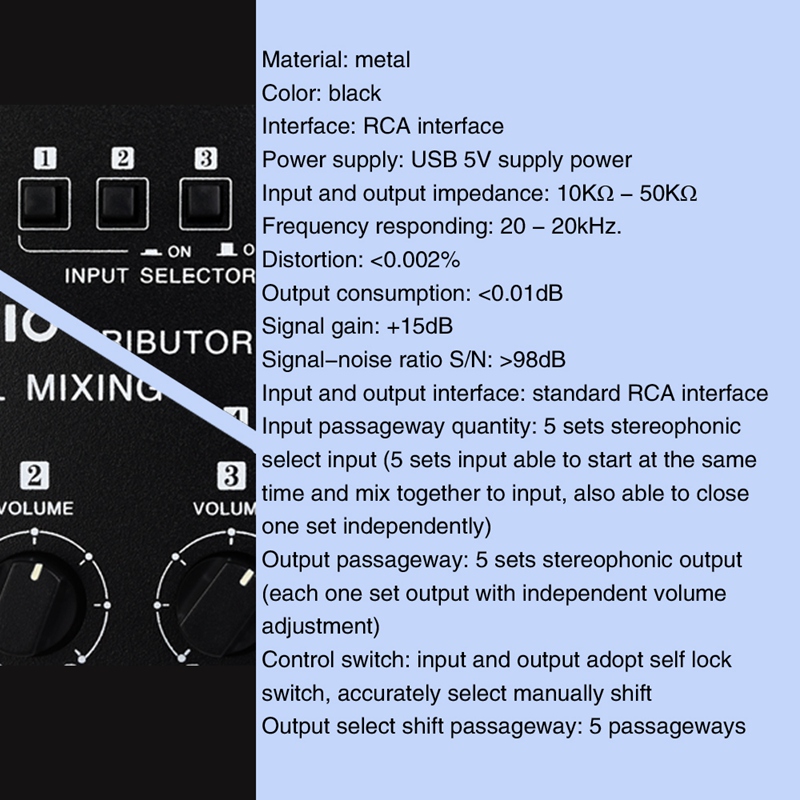 Dispositif de distribution de mixage sonore, sélection de Signal de fréquence Audio 5 en 5 sorties, commutateur indépendant d&#39;entrée/Interface RCA