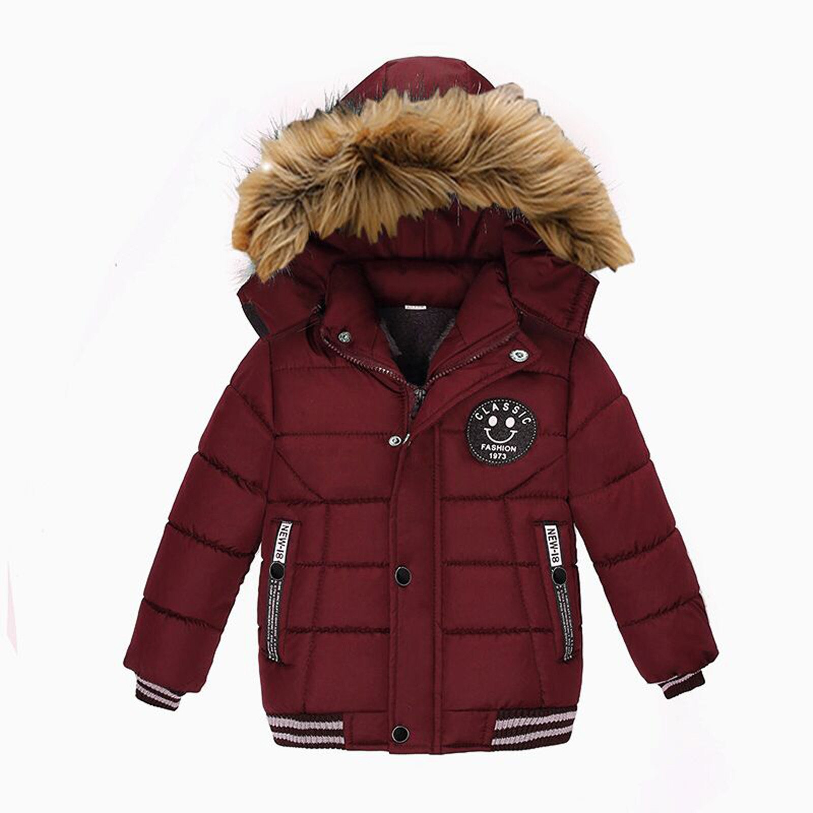 Abrigo largo con cremallera para niños, chaqueta holgada con bolsillo de dibujos animados, cuello de piel , ropa con capucha para invierno,