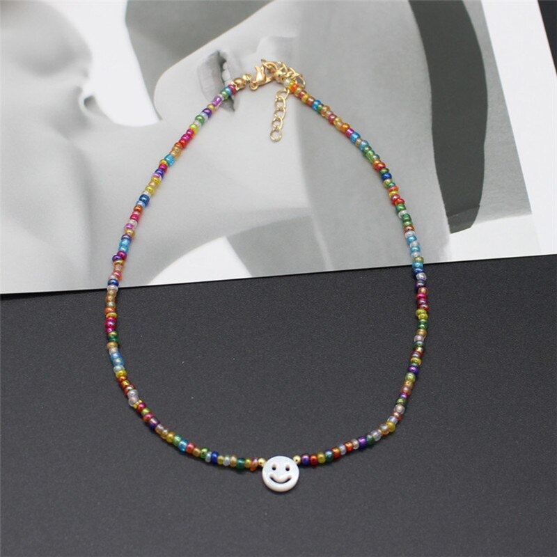 Natural Freshwater Shell Round White Smiley Rainbow Beaded Choker Necklace For Women Chain Jewelry Accessories: 4