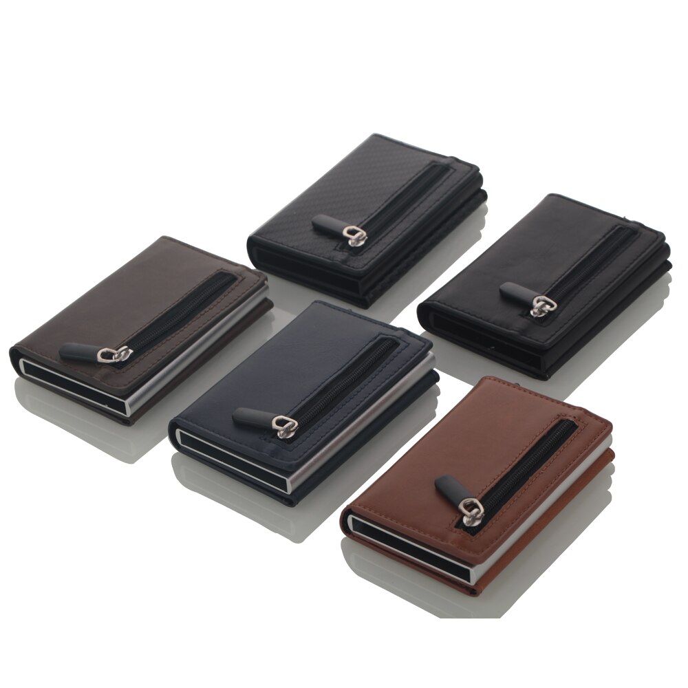 Porta tarjetas de crédito antirrobo para hombre, billetera de cuero Rfid con bloqueo, tarjetero metálico de aluminio Unisex con información de seguridad