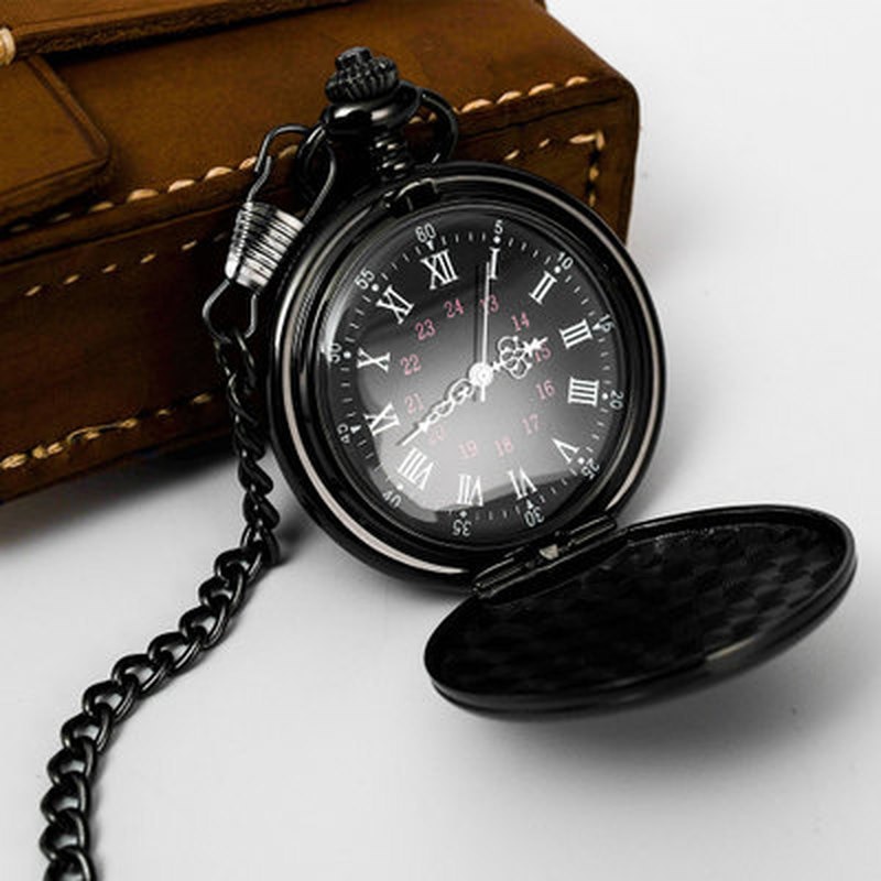 Retro Glad Mannen Zwart Zakhorloge Zilver Polish Quartz Fob Pocket Watches Hanger Met Ketting Pocket Fob Horloges