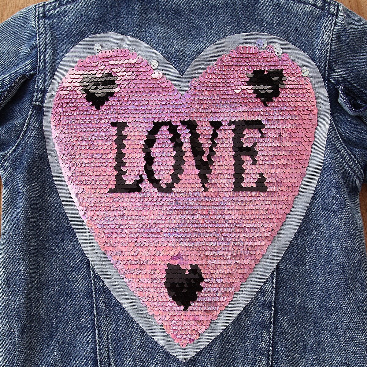 Chaqueta vaquera de manga larga para niños, abrigo con cuentas, decoración de lentejuelas en forma de corazón, de 1 a 5 años, a la , para otoño