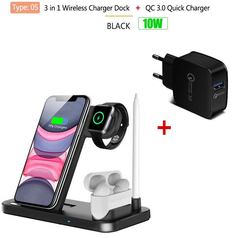 4in1 Qi Wireless Charge Station Foldable Base 15W Fast Wireless Charging for Samsung S20 S10 Huawei Apple iWatch 5 4 3 Airpods 2: T5 10W Black QC3.0