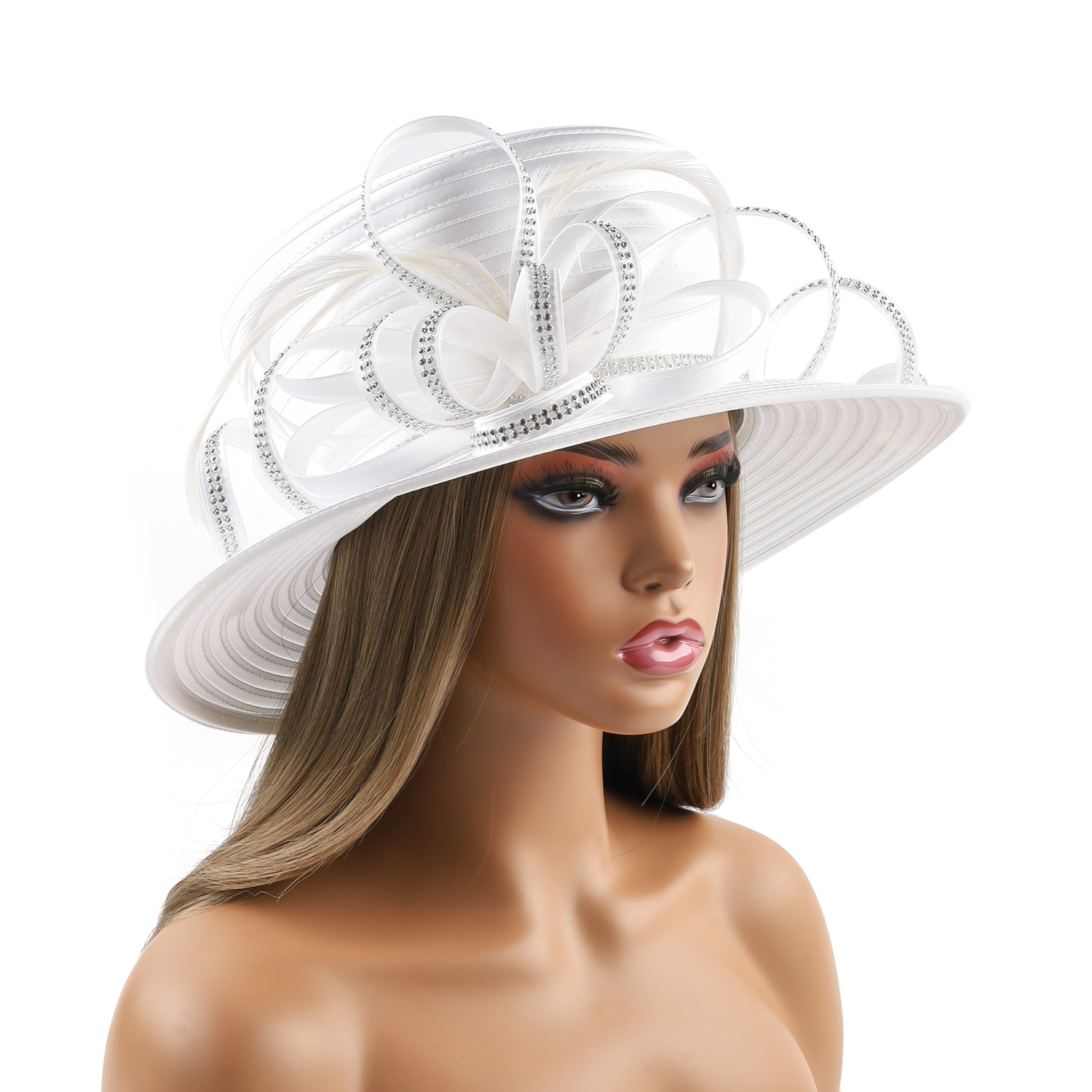 Sombrero de iglesia blanco de lujo para , banquete, tela satinada, sombreros de fotografía, cadenas Premium, sombrero Formal, gorra superior de flores para mujeres y señoras: Blanco