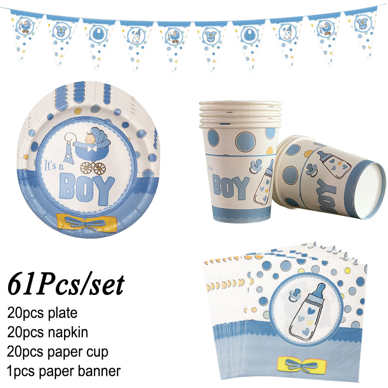 61 unids/set juegos de vajilla para Baby Shower taza y plato de papel de cumpleaños niña niño Baby Shower decoración favorece el género Reveal