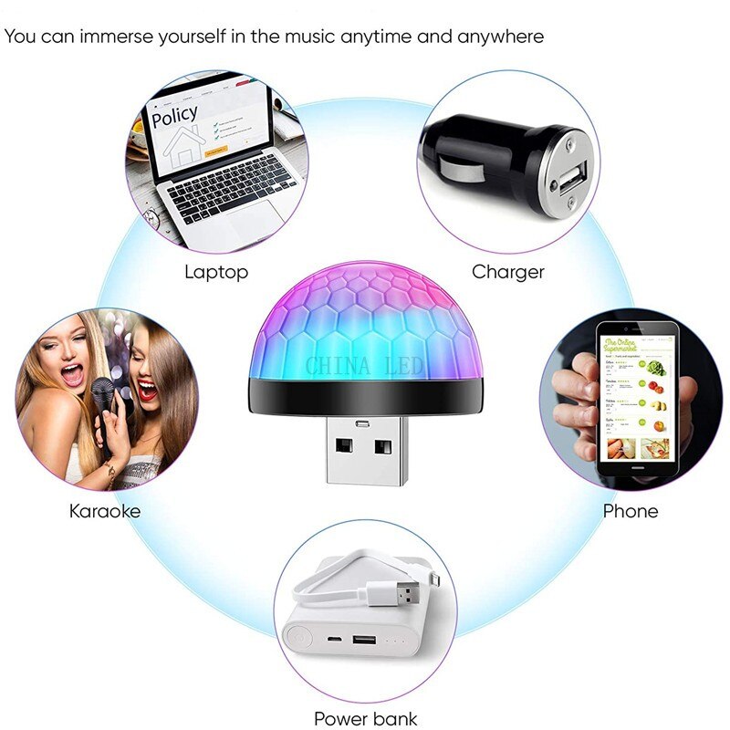 USB Ambient Light DJ RGB Mini Colorful Music Sound Led Apple USB Interface Party Atmosphere Interior Dome Trunk Lamp