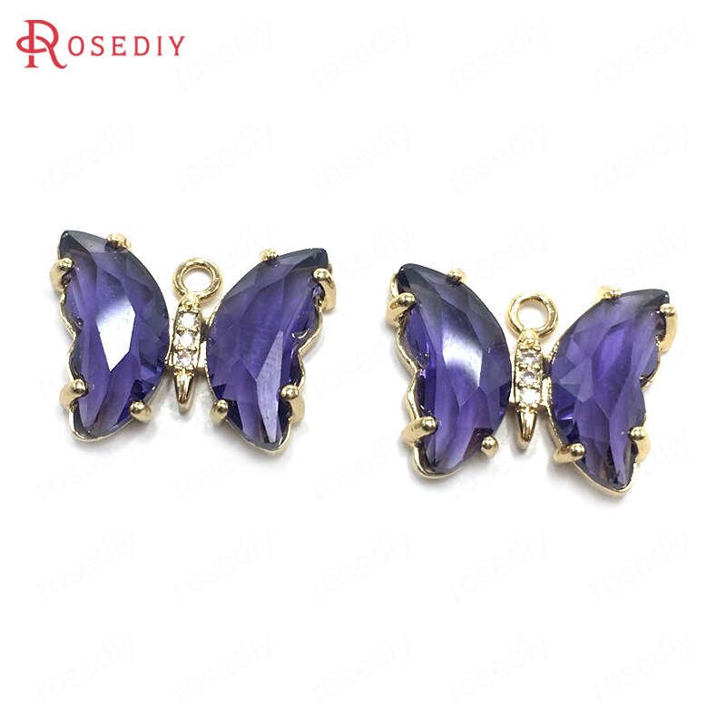 Breloques papillon en laiton, Zircon et verre, 15x20MM 24K, couleur Champagne or, pendentifs, fournitures pour la fabrication de bijoux, résultats de bricolage, 10 pièces: Purple