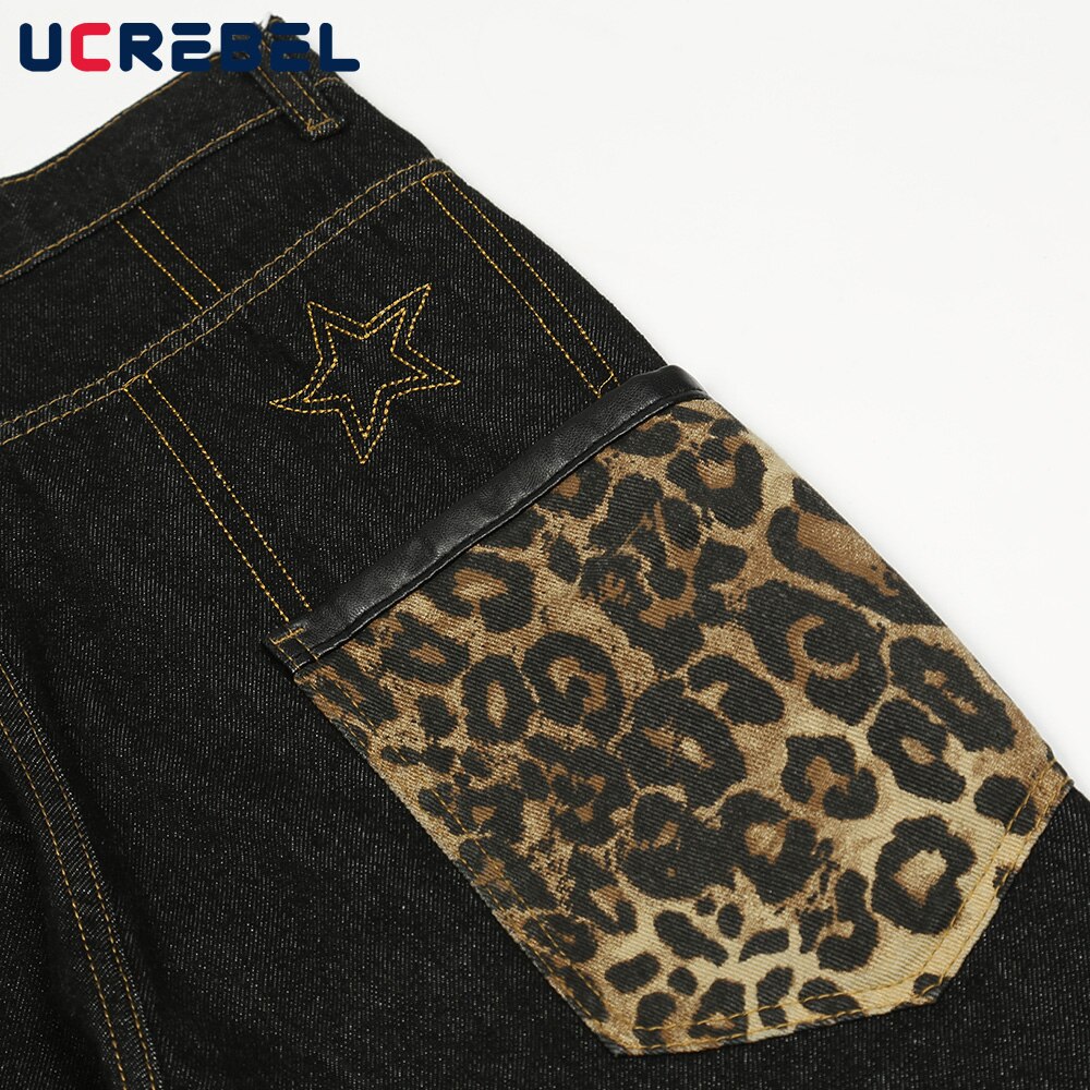 Pantalones vaqueros con estampado de leopardo para hombre, Jeans con paneles de contraste, ropa de calle, pantalones sueltos de pierna recta