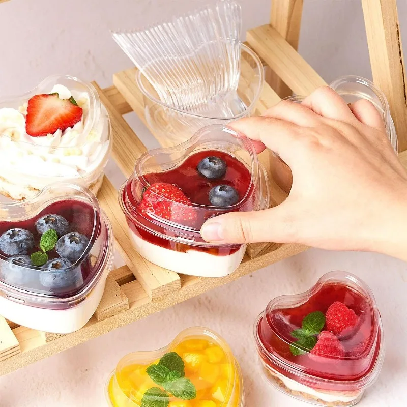 5/20x Wegwerp Plastic Bekers Met Deksels Hartvormige Doorzichtige Dessertbeker Puddingcontainer Voor Ijstaart Fruit Yoghurtkommen