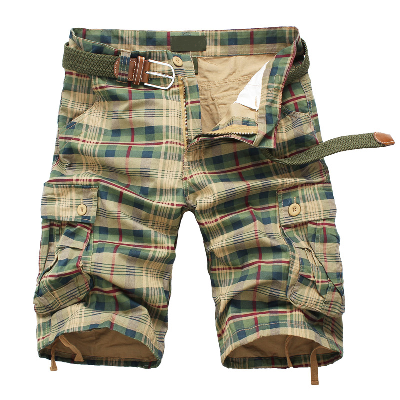 Pantalon moyen pour hommes, été, coton, confortable, Sports de plein air, plage, tendance, short à carreaux, ample, droit, grande taille, Cargo: 38 / Beige