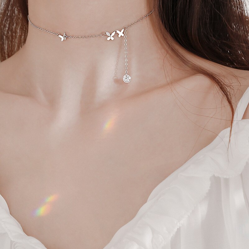 Süße Stil Silber Farbe Schmetterling Intarsien Zirkon Halskette Einstellbar Blume Kurze Quaste Kette Halskette Für Mädchen Frauen