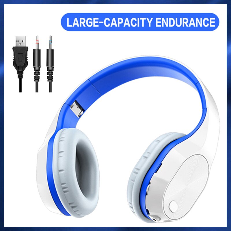 Foldable Wired Wireless Headphone 5.0 Bluetooth Wireless Earphones Stereo Earbuds Gaming Headsets With Microphone PC Laptop: white-blue