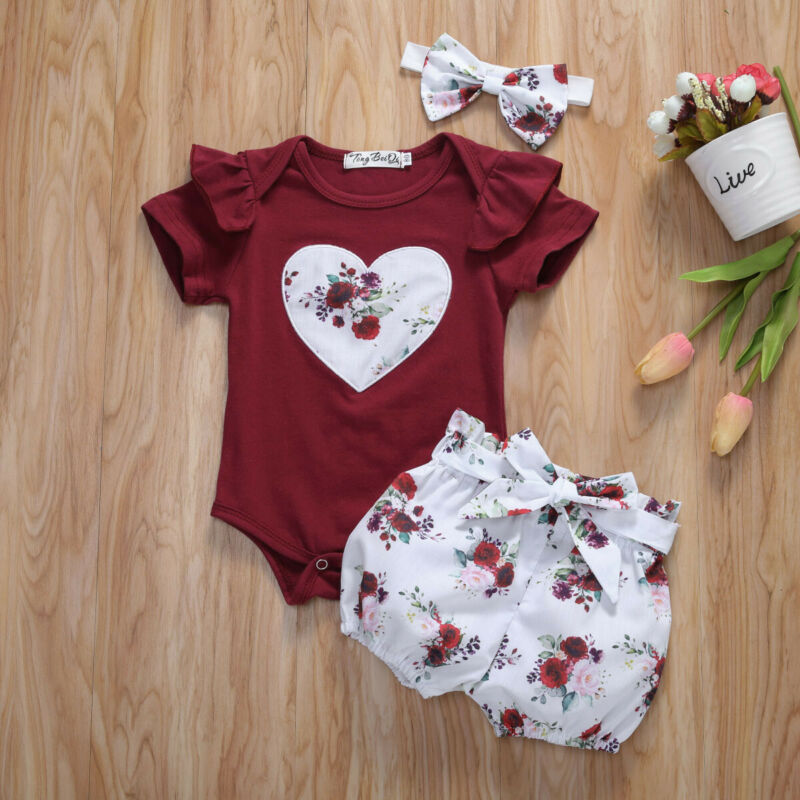 Citgeett Zomer Peuter Baby Meisje Bodysuit Tops Hart Bloemen Broek Hoofdband Outfits Shorts Sunsuit Set Kleding