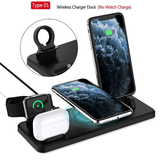 FDGAO 4 en 1 Station de charge sans fil pour Apple Watch 6 5 4 3 AirPods Qi 15W chargeur rapide Station de charge pour iPhone 12 11 XS XR: 5 in 1 black