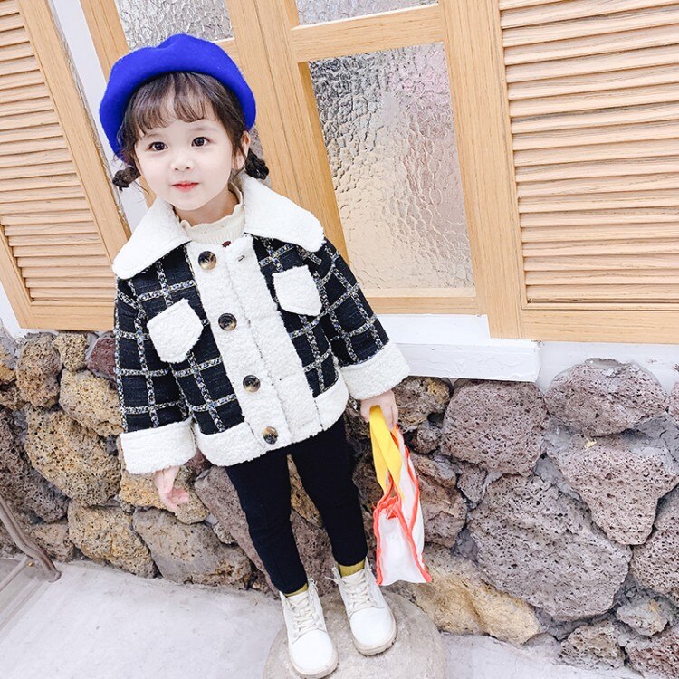 Rutig ullkappa för tjejer dubbelknäppta jackor barn ytterkläder höst tjocka vinterkläder för tjejer 6 8 10 12 14 år