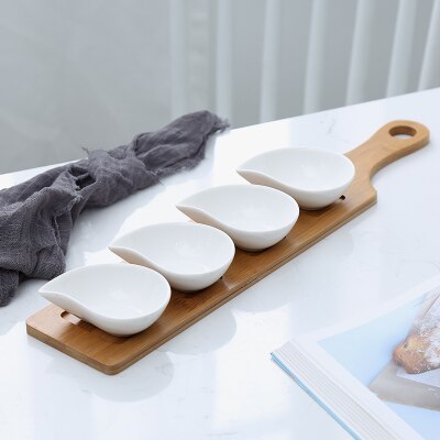 Bandeja de cerámica de estilo japonés para fruta, vajilla creativa de bambú Natural para aperitivos, frutos secos, postres y salsa: E