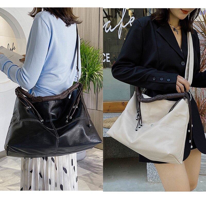 Store tøyvesker for kvinner hobo-vesker med stor kapasitet, skuldervesker i skinn rutete crossbody-veske med dusker, sac a main
