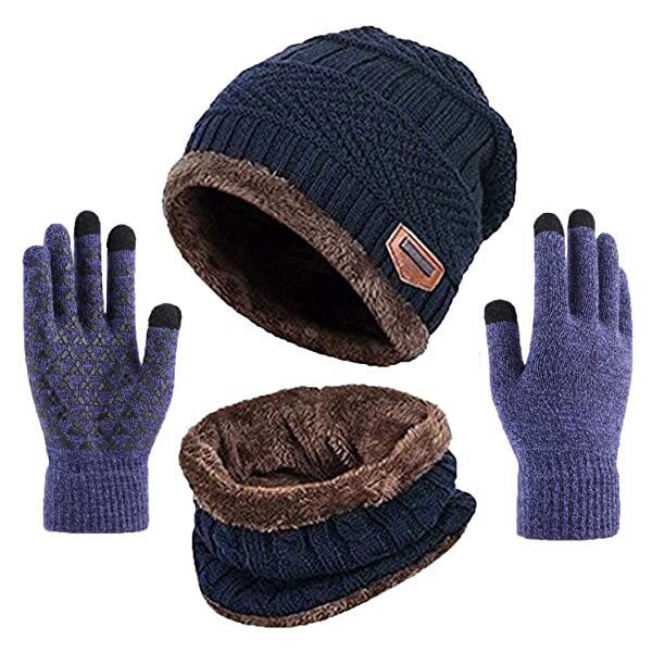 Winter Warm Beanie Hat Scarf Gloves Set Unisex Winter Warm Knitted Beanie Hat Neck Glove for Men Women XRQ88: Navy blue 3 piece