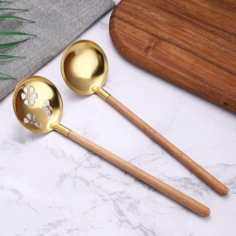 2PCS Stainless Steel Wooden Handle Spoon/Colander 26.7CM Pot Spoons Flatware Soup Drinking Tools Kitchen Gadget: E 2PCS AS PIC