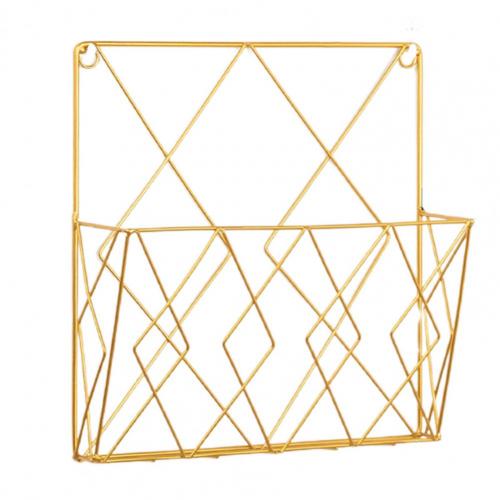 Household Wrought Iron Wall Shelf Modern Style Space-saving Chic Grid Room Wall Mounted Magazines Storage Rack Supplies: Golden