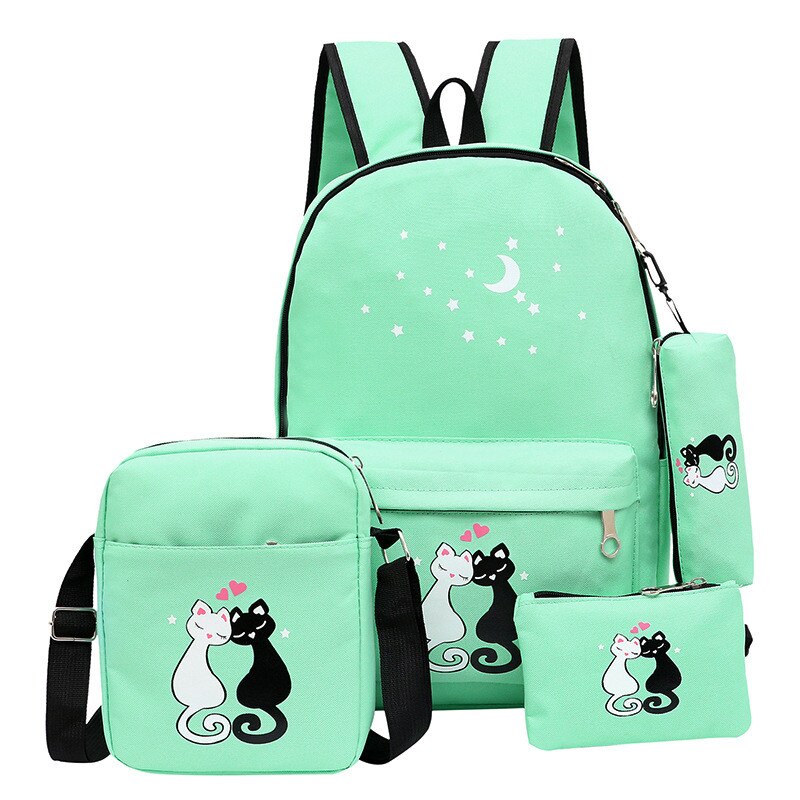 4 pçs/set mochila feminina lona gato padrão saco de escola para meninas portátil mochila feminina bolsa de ombro bagpack sac a dos