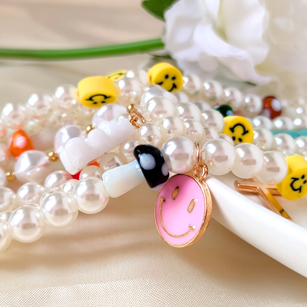 Boho Evil Eye Smile Pearl Beaded Necklace For Women Imitation Pearl Christmas Y2K Happy Face Choker Collar Party Jewelry