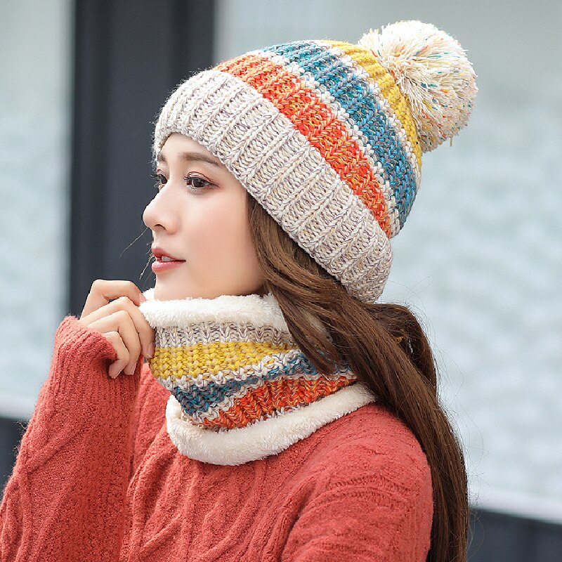 Gorros de invierno para mujer, gorros tejidos a rayas de Color mixto, conjunto de 2 piezas, gorros gruesos y cálidos, gorros, gorros para mujer: Beige