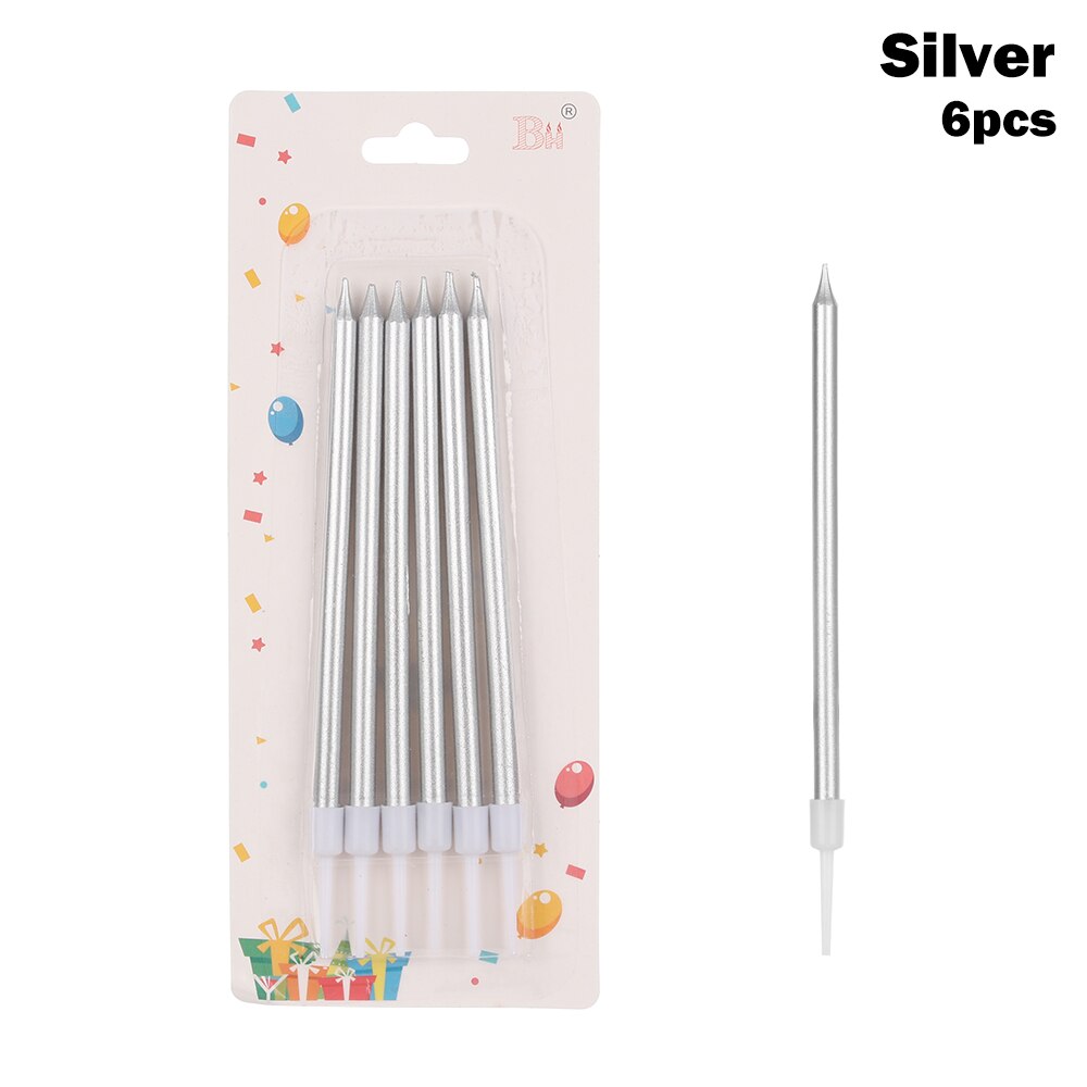 Vela para tarta de lápiz largo 6 uds., vela para tarta de cumpleaños, fuego seguro para niños, de cumpleaños, pastel de bodas, decoración con velas para el hogar: silver