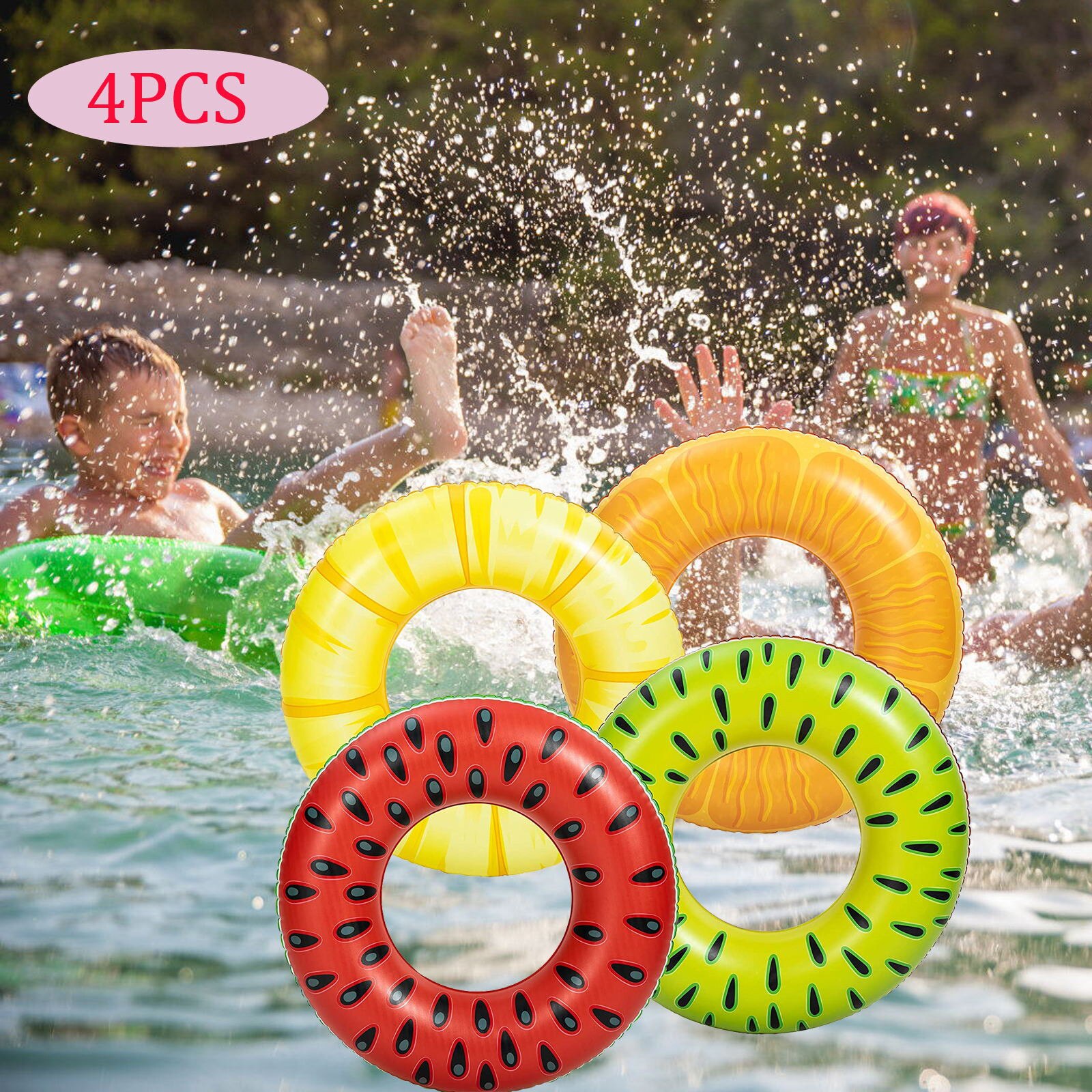 Inflatable Pool Floats Fruit Tube Rings (4 Pack), Fruit Pool Tubes, Pool Floatie