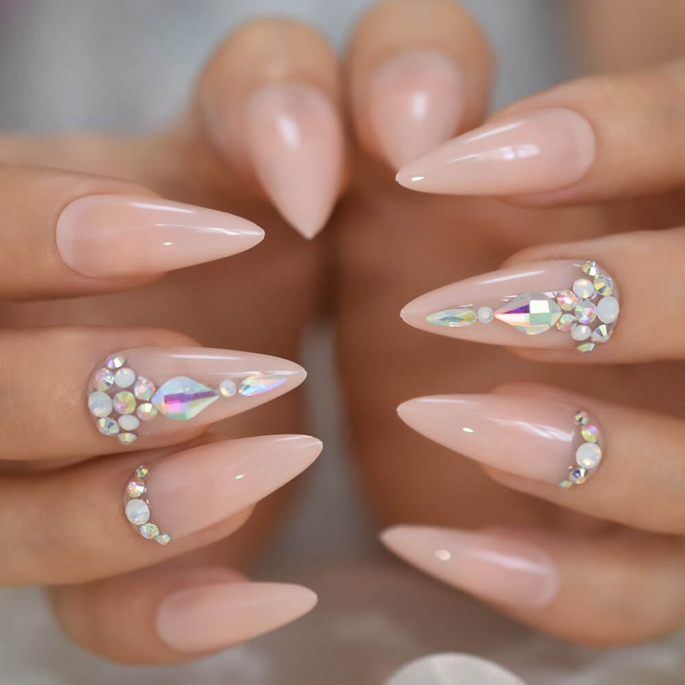 Faux-ongles nus, en ABS, longs brins pointus et Stiletto, en acrylique, artificiels, pointe en Strass pour manucure, 24